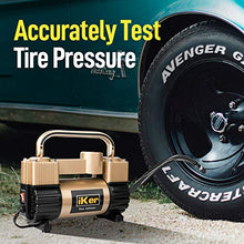 Load image into Gallery viewer, iKer Portable Air Compressor Pump Heavy Duty Tire Inflator for Car,Truck,SUV Tires,12V 70L/Min Double Cylinders Metal Air Pump 150PSI with Battery Clamp，11.5ft Extension Air Hose and Tire Repair Kit

