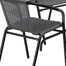 Load image into Gallery viewer, Flash Furniture 28'' Square Glass Metal Table with Gray Rattan Edging and 4 Gray Rattan Stack Chairs
