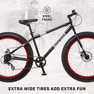 Mongoose Dolomite Fat Tire Mountain Bike, Featuring 17-Inch/Medium High-Tensile Steel Frame, 7-Speed Shimano Drivetrain, Mechanical Disc Brakes, and 26-Inch Wheels, Navy Blue