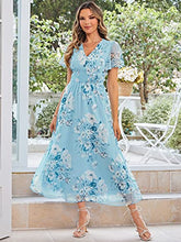 Load image into Gallery viewer, Simplee Women Boho Floral Maxi Dress Flowy Casual V Neck Short Sleeve Wedding Guest Holiday Beach Long Dress (S Light Blue)
