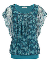 Load image into Gallery viewer, BAISHENGGT Women's Printed Flouncing Flared Short Sleeve Mesh Blouse Top X-Large Turquoise-Leaves Printed

