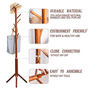 Premium Bamboo Coat Rack Tree with 8 Hooks, 3 Adjustable Sizes Free Standing Wooden Coat Rack, Super Easy Assembly Hallway, Entryway Coat Hanger Stand for Clothes, Suits, Be made of bamboo and poplar wood