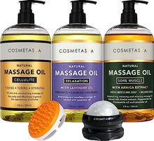 Load image into Gallery viewer, Cellulite, Sore Muscle &amp; Lavender Relaxation Massage Oils with Roller Massage Ball and Massager Mitt- Perfect Spa Gift Set
