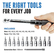 Load image into Gallery viewer, Vibrelli Bike Torque Wrench Set - 1/4 Inch Drive - 2 to 20nm, 0.1 Nm Micro - Essential MTB &amp; Bicycle Torque Wrench Tools. Hex/Allen 2-10, Torx 10-30, 100mm Extension Socket, Storage Case
