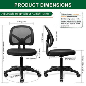 KOLLIEE Armless Mesh Office Chair Ergonomic Comfortable Armless Desk Chair Small Black Adjustable Computer Chair No Armrest Mid Back Swivel Task Chair for Small Spaces
