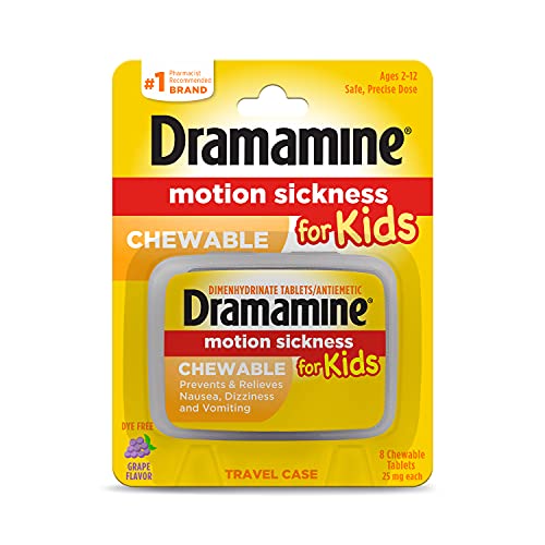Dramamine Motion Sickness for Kids, Chewable, Dye Free, Grape Flavored, 8 Count