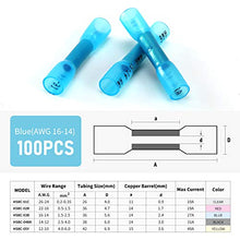 Load image into Gallery viewer, Heat Shrink Butt Connectors, 100Pcs 16-14 AWG Blue Insulated Waterproof Electrical Wire Connectors Automotive Marine Grade Wire Crimp Terminals Butt Splices, Ideal for Boat, Truck, Stereo - Blue
