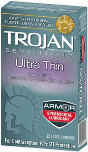 Trojan Condom Sensitivity Ultra Thin Spermicidal, 12 Count (Packaging May Vary)