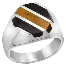 Load image into Gallery viewer, Sterling Silver Obsidian &amp; Tiger Eye Ring for Men Octagonal 3 Stripes Solid Back Handmade, Size 13

