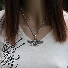 Load image into Gallery viewer, Asoodehdelan Large Double Sided Antique Silver Pt Farvahar Necklace Iranian Gift Persian Iran Faravahar Chain (24&quot; Chain)
