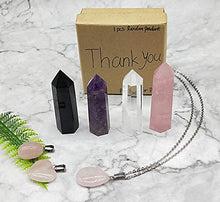 Load image into Gallery viewer, Luckeeper Healing Crystal Wands | 2&quot; Amethyst Crystal, Rose Quartz,Clear Quartz,Black Obsidian| 6 Faceted Reiki Chakra with 4 pcs Tumbled Crystals
