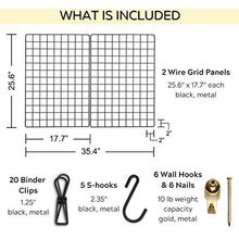 Load image into Gallery viewer, Fourberry Wire Wall Grid Panel - Large - 2 Pack (25.6 x 17.7 in) Black - Includes 20 Black Metal Clips, 5 S Hooks, 6 Wall Hooks - Modern Bulletin Board - Office Organizer Photo Display - Vision Board
