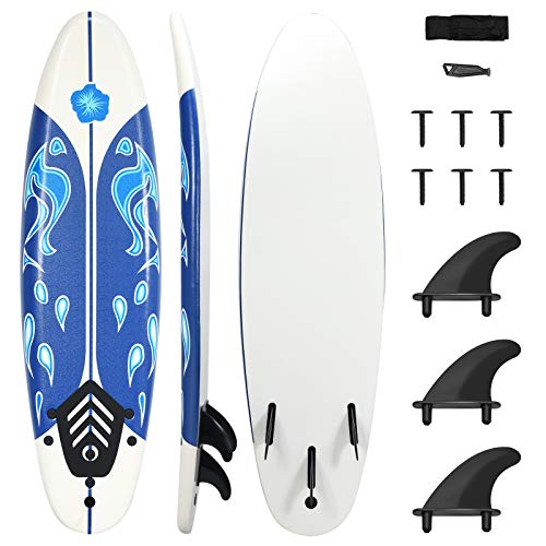 GYMAX Surfboard, 6' Body Board with Removable Fins & Protective Leash, Non-Slip Surfing Board for Surfing, Fishing Water Yoga