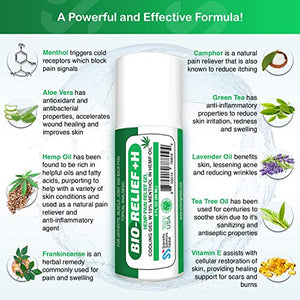 BIO-RELIEF +H, Hemp Pain Relief Gel, Cooling Gel w 10% Menthol in Hemp Oil, 3 oz Roll-on for Arthritis, Muscle Pain, Joint & Back Pain, Topical Analgesic, Fast Acting, Long Lasting Pain Reliever Cream
