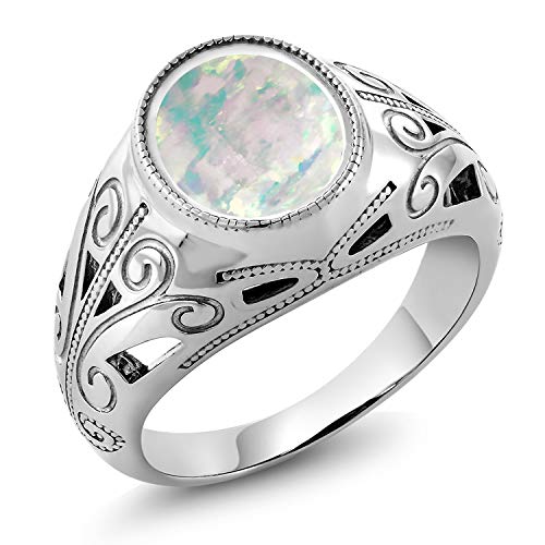 Gem Stone King 925 Sterling Silver Oval White Simulated Opal Men's Ring 4.00 Ct (Size 8)