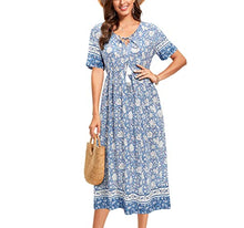 Load image into Gallery viewer, Arach&amp;Cloz Women's Boho Tie Neck Printed Short Sleeve Floral Summer Loose Tassels Casual Midi Dress with Pockets (Floral02,XL)
