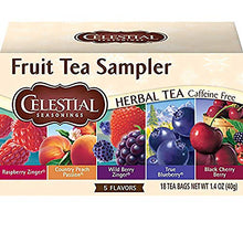 Load image into Gallery viewer, Celestial Seasonings Herbal Tea, Fruit Tea Sampler, Raspberry Zinger, Country Peach Passion, Wild Berry, True Blueberry &amp; Black Cherry Berry, Caffeine Free, 18 Tea Bags (Pack of 6)
