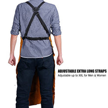 Load image into Gallery viewer, QeeLink Leather Welding Apron - Heat &amp; Flame-Resistant Heavy Duty Work Forge Apron with 6 Pockets, 42&quot; Large &amp; Cross Back Extra Long Strap, Adjustable M to XXXL for Men &amp; Women (Brown)
