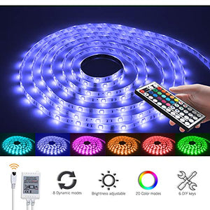 PHOPOLLO LED Strip Lights, 16.4FT Waterproof 5050 150LEDs RGB Flexible LED Lights for Bedroom with 44-Key IR Remote Controller and 12V Power Supply, Ideal for House and Holiday Decoration