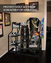 Load image into Gallery viewer, Mythinglogic Golf Storage Garage Organizer, 2 Golf Bag Storage Stand and Other Golfing Equipment Rack &amp; 4 Removable Hooks, Extra Large Design for Golf Clubs Accessories

