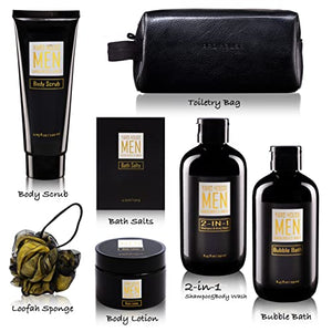 YARD HOUSE Bath and Body Spa Gifts Baskets Set for Men - Sandalwood & Amber – 7Pcs Men’s Spa Kit with Body wash, Bubble bath, Bath Salt, Body Lotion, Body Scrub, Loofah and Leather Toiletry Bag