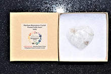 Load image into Gallery viewer, Zenergy Gems Selenite Charged Hand-Carved Natural Rainbow Moonstone Pocket Puffy Heart/Palm Heart/Worry Stone + Baby Selenite Puffy Heart Charging Crystal [Included]
