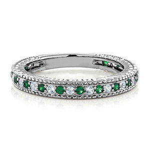 Gem Stone King 925 Sterling Silver Green Simulated Emerald and White Created Sapphire Anniversary Wedding Band Ring For Women (0.48 Cttw, Available 5,6,7,8,9) (Size 7)