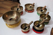 Load image into Gallery viewer, Chakra Healing Tibetan Singing Bowls Set of 7 pieces ~ Hand Hammered Himalayan Meditation Bowls ~ 5"-10" ~ included 7 Mallets, 7 cushions &amp; 1 drum stick. Handmade in Nepal by Thamelmart
