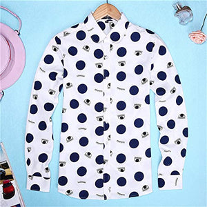 SPAREE Women's Tops Casual Blouses Long Sleeve Work Button Up Dress Shirts, (Small, Big Polka Dot Navy Blue)