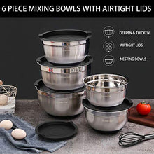 Load image into Gallery viewer, Mixing Bowls with Airtight Lids，6 piece Stainless Steel Metal Nesting Storage Bowls by Umite Chef, Non-Slip Bottoms Size 7, 3.5, 2.5, 2.0,1.5, 1QT, Great for Mixing &amp; Serving(Black)
