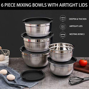 Mixing Bowls with Airtight Lids，6 piece Stainless Steel Metal Nesting Storage Bowls by Umite Chef, Non-Slip Bottoms Size 7, 3.5, 2.5, 2.0,1.5, 1QT, Great for Mixing & Serving(Black)