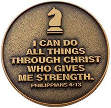 Load image into Gallery viewer, Christian Sports Coin for Young Athletes, Pack of 12, Bulk Gift for Football Team, I Can Do All Things Through Christ Who Gives Me Strength, Antique Gold Plated Challenge Coin, Philippians 4:13
