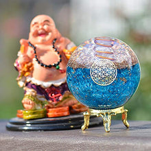 Load image into Gallery viewer, Orgonite Crystal Blue Aquamarine Crystal Ball with Stand for Positive Energy, E-emission Protection and Chakra Balancing –with Flower of Life Symbol to Promote Purpose, Serenity and Courage
