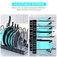 Load image into Gallery viewer, Pan Organizer Rack for Cabinet, Pot and Pan Organizer for Cabinet with 3 DIY Methods, Adjustable Pan Pot Rack with 8 Tiers, Heavy Duty Pot Organizer Deep U-shaped Design with Obstructed Slip Layer

