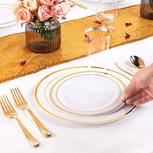 Load image into Gallery viewer, 120 Pieces Gold Plastic Plates, White Disposable Plates with Gold Rim, includes: 60 Dinner Plates 10.25”, 60 Dessert Plates 7.5”

