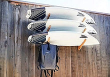 Load image into Gallery viewer, COR Surf Wooden Surfboard Wall Mount for Surf Boards, Snowboards, Skateboards, Kiteboards and Wakeboards, Triple Tier Surf Board Display Holder, Made of Sustainable Bamboo (24 x 4 x 4 Inches)
