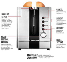 Load image into Gallery viewer, Chefman 2-Slice Pop-Up Stainless Steel Toaster w/ 7 Shade Settings, Extra Wide Slots for Toasting Bagels, Defrost/Reheat/Cancel Functions, Removable Crumb Tray, 850W, 120V, Silver
