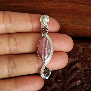 CZgem Rhodochrosite Pendant, 925 Sterling Silver Nature Handmade Boho Shape, 2"