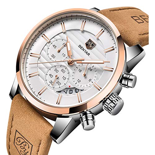 Load image into Gallery viewer, BENYAR Quartz Chronograph Waterproof Watches Business and Sport Design Leather Band Strap Wrist Watch for Men (Brown White)