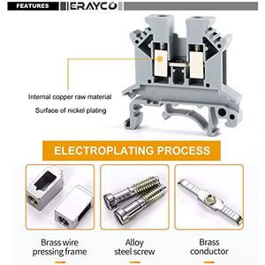 Erayco UK2.5N-GR DIN Rail Terminal Block, Screw Clamp, 600V 20A 24-12AWG, Pack of 100