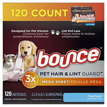 Load image into Gallery viewer, Bounce Pet Hair and Lint Guard Mega Dryer Sheets for Laundry, Fabric Softener with 3X Pet Hair Fighters, Fresh Scent, 120 Count, White
