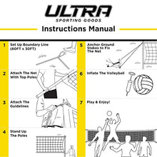 Load image into Gallery viewer, Ultra Sporting Goods Volleyball Net - Includes 32x3 Feet Regulation Size Net, 8.5-Inch PU Volleyball, Carrying Bag, Boundary Lines, Steel Poles &amp; Pump - Height Adjustable for Men, Women &amp; Co-Ed Games
