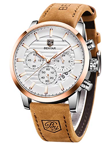 BENYAR Quartz Chronograph Waterproof Watches Business and Sport Design Leather Band Strap Wrist Watch for Men (Brown White)