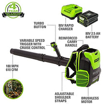 Load image into Gallery viewer, Greenworks Pro 80V (180 MPH / 610 CFM) Cordless Backpack Leaf Blower, 2.5Ah Battery and Charger Included BPB80L2510
