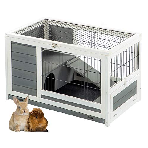 U-MAX Rabbit Hutch Pet House for Small Animals Puniea Pig House Rabbit Cage with Hideout for Rest Bunny House Indoor & Outdoor No Leak Trays & Ladder (35.4 inches)