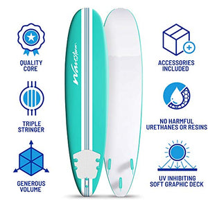 Wavestorm-15th Anniversary Edition Soft Top Foam 8ft Surfboard | for Beginners and All Levels | Includes Accessories | Leash and Multiple Fin Options, Turquoise pinline