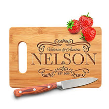 Load image into Gallery viewer, Personalized Cutting Board - 9 Designs |6" x 9"| Bamboo Cutting Board - Wedding Gifts for the Couple, Housewarming Gifts, Anniversary Gift, Grandma Gifts, Engraved Kitchen Sign &amp; Decor - Handle
