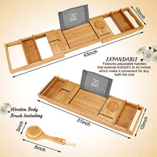 Load image into Gallery viewer, FITNATE Luxury Bathtub Tray, Wooden Bathtub Tray with Extendable Sizes, Adjustable, Non-Slip &amp; Durable, Bathtub Tray Caddy with Wooden Body Brush,Wine Glass Slot, Phone Tray, Book Holder
