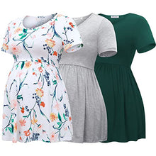 Load image into Gallery viewer, Bearsland Maternity Tops Short Sleeve Scoop Neck Breastfeeding Shirt Pregnancy Clothes，Green&amp;Light Gray&amp;White Flower,M
