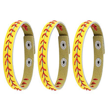 Load image into Gallery viewer, HZMAN Genuine Leather Baseball Bracelets by Athletes Bangle Cuff Wristband, 3 Pcs White Black Yellow (Yellow)
